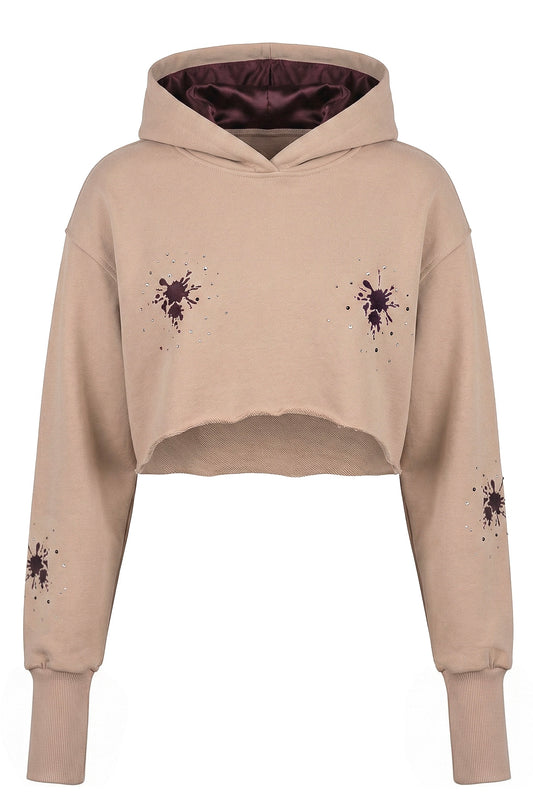 Oversized-Cropped Rhinestone, Embroidery Hoodie