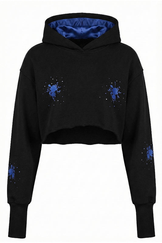 Oversized-Cropped Rhinestone, Embroidery Hoodie